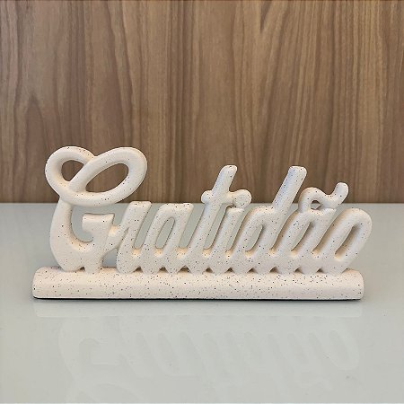 Escultura Gratidão Off WHite em ceramica com Textura 13x28cm