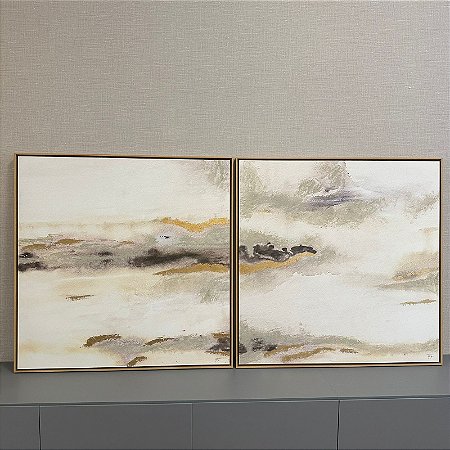 Par de Quadros Abstrato com Pintado a Mão e com Folhas de Ouro 93x93 cm