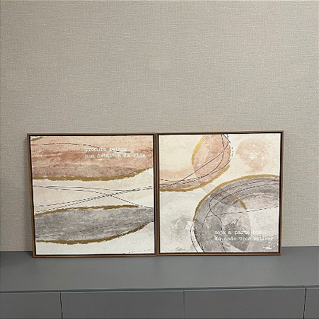 Conjunto de Quadros Abstrato Dourado, Verde e Bege com Frase 68X68 cm
