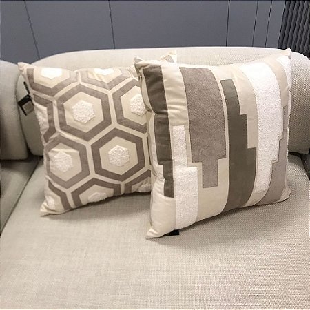 Almofada Chenille Block e Veludo Bege 50x50cm