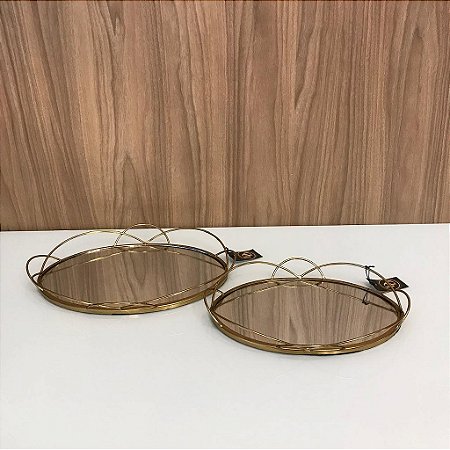 Bandeja em Metal Oval com Espelho Dourada 41cm e 35cm