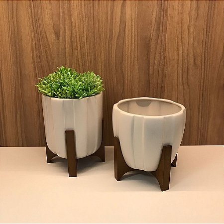 Cachepot 2 Gomos Off White com Suporte em Madeira