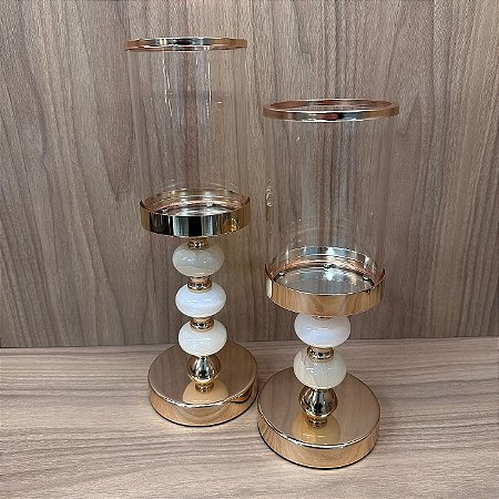 CASTIÇAL DOURADO COM BRANCO CUPULA DE VIDRO 35X12CM