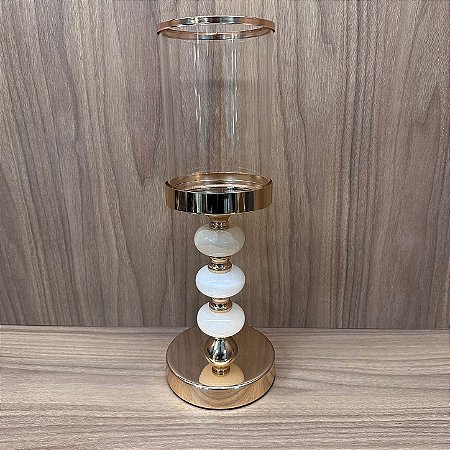 CASTIÇAL DOURADO COM BRANCO CUPULA DE VIDRO 35X12CM