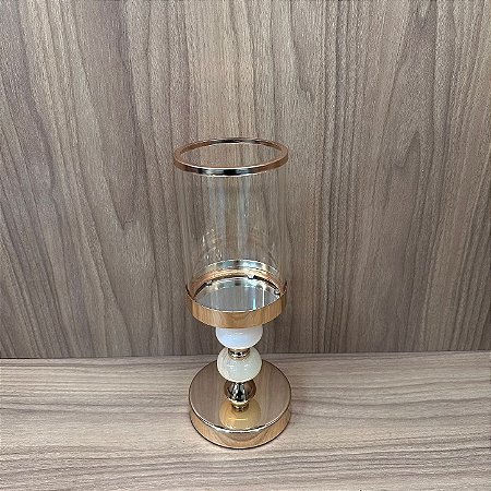 CASTIÇAL DOURADO COM BRANCO CUPULA DE VIDRO 30,5X12CM
