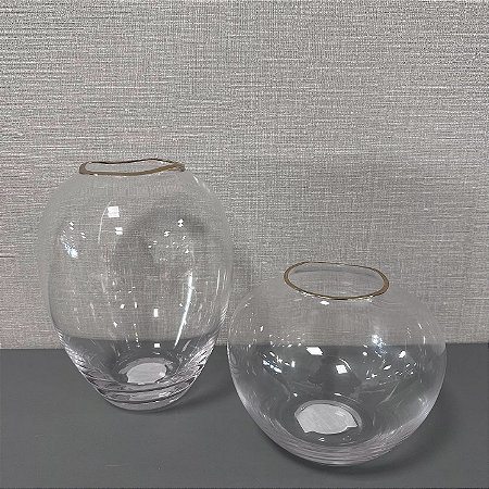 VASO EM VIDRO TRASPARENTE COM BORDA DOURADA G 23X18CM E M 15X18CM