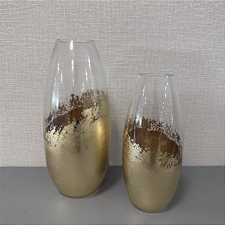 VASO DE VIDRO TRANSPARENTE , DOURADO