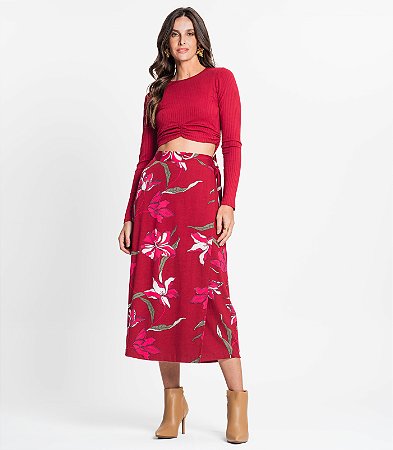 Saia Midi Estampa Floral Estilo Envelope- Rovitex
