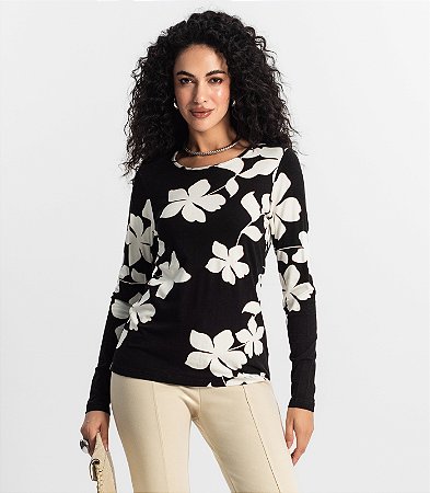 Blusa Feminina Manga Longa Estampa Floral em Viscose Elastano-Rovitex