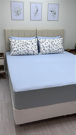 Conjunto de Lençol e fronha Azul Bebê com borboletas Azuis e Lilás - Casal