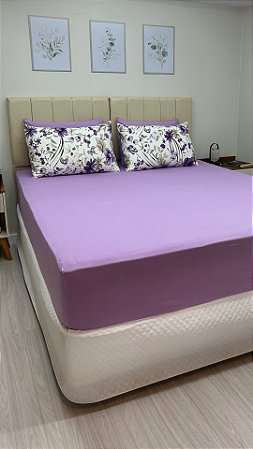 Conjunto de Lençol Lilás com fronhas Flores Roxas Grandes