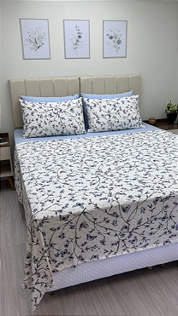 Conjunto 4 peças Azul Bebê com fronhas Borboletas Azuis e Lilás- Queen