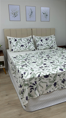 Conjunto 4 peças Marfim com Flores Roxas - Casal