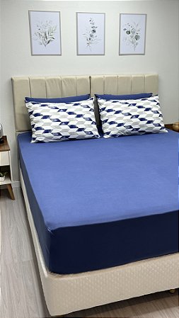 Conjunto de Lençol Azul Marinho com fronhas Geometrica- Queen