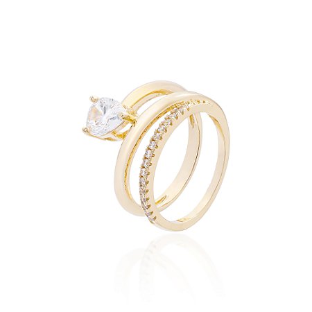 Anel Três Fileiras com Solitário Oval 6mm – Dourado