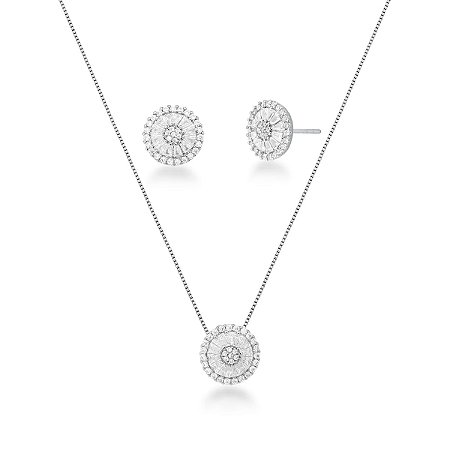 Conjunto Prata com Brinco e Colar – Pedra Baguete e Ponto de Luz Redondo Vazado