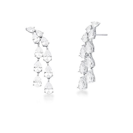 Brinco Médio com Gotas Pendulo – Zircônias Incolores Banho em Ródio