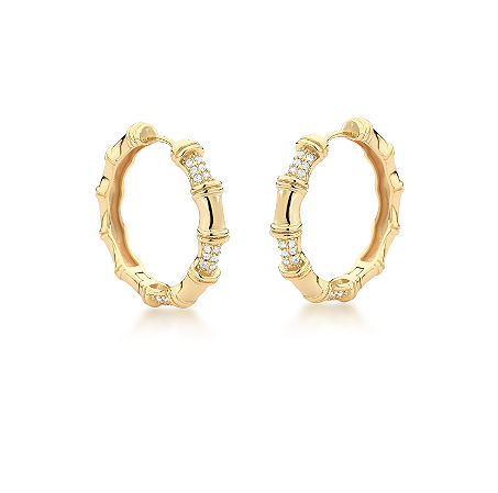 Brinco Argola Bambu com Zircônias Intercaladas em Banho Dourado
