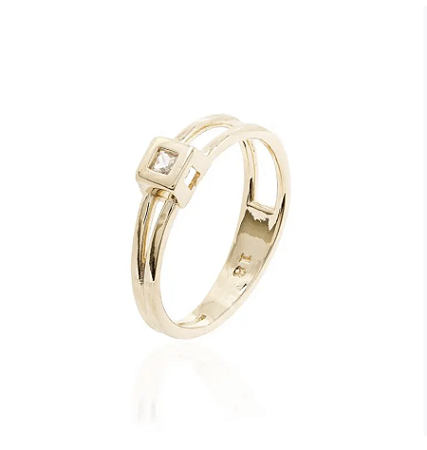 Anel Liso com Lado Aberto e Detalhe Quadrado Central 2mm