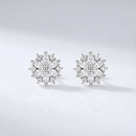 Brinco Flor Seis Pétalas em Navete com Pontos de Luz – Prata 925