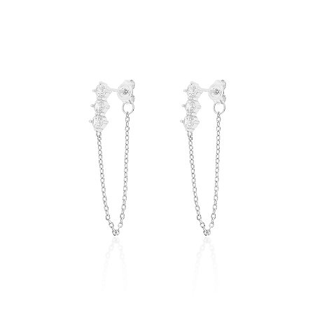 Brinco Três Pedras com Corrente Pendente em Prata 925