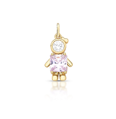 Pingente Menina com Pedra Rosa e Zircônia — Banho Dourado