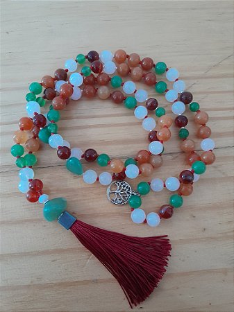Japamala 108 Contas: Equilíbrio e Harmonia com Pedras Naturais ágata cornalina, calcita laranja, jade branco e quartzo verde- fertilidade- 7 chakras, vitalidade, abundância