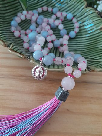 Japamala Artesanal 108 Contas | Água-Marinha para Comunicação, Quartzo Rosa para Amor e Jade Branca para Pureza | Meditação e Bem-Estar