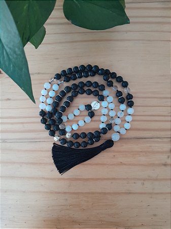 Japamala de Pedra Vulcânica, Jade e Cristal de Rocha: Energia, Paz, Harmonia e Clareza