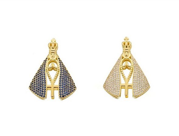Pingente Nossa Senhora Dupla Face com Zircônia Branca e Azul Banhado em Ouro18k com 10 milésimos.