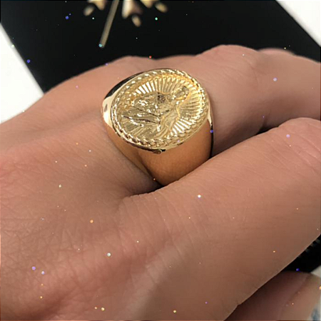 Anel Masculino Sagrado Coração de Jesus Banho Ouro Amarelo