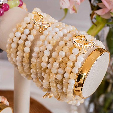 Pulseira Tripla Agata Manteiga Com Pingente Espirito Santo