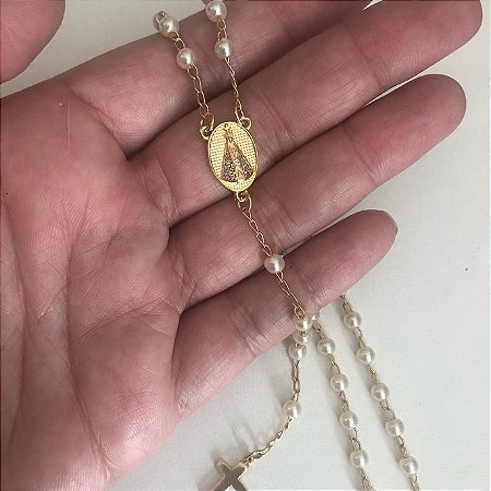 Lindo Terço de pérolas Nossa Senhora Aparecida banhado a ouro amarelo