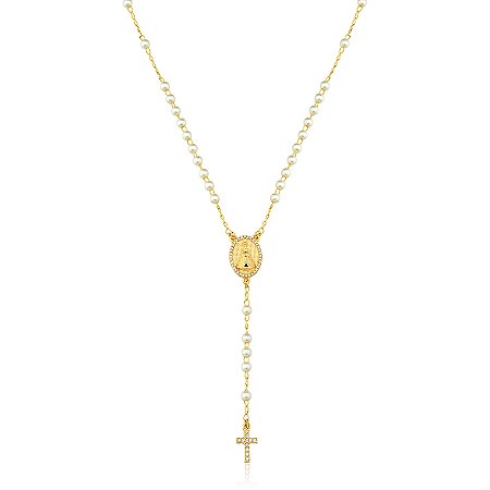 Gargantilha Terço Pérolas, com centro do terço Nossa Senhora Aparecida