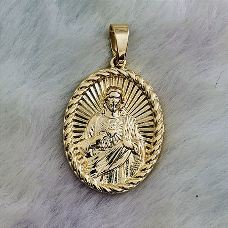 Pingente Masculino Sagrado Coração de Jesus Banho Ouro Amarelo
