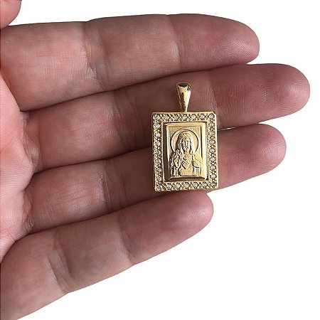 Pingente Sagrado Coração Jesus banho de ouro amarelo borda cravada zirconias