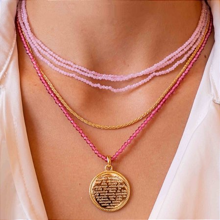 Colar Cristais com Medalha Oração Salve Rainha banho de ouro amarelo
