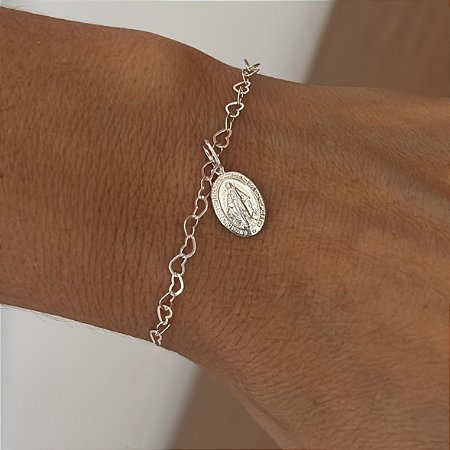 Pulseira Nossa Senhora Graças Coração em Prata
