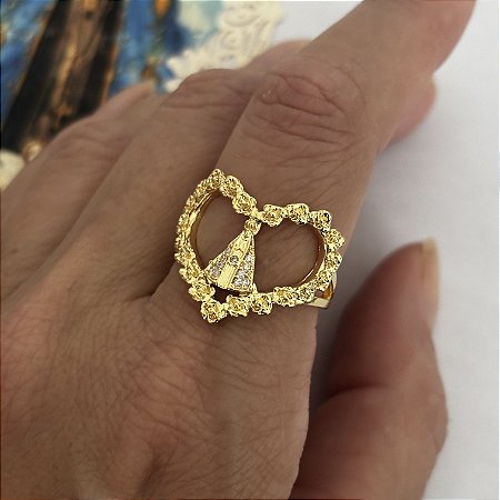 Anel Coração de Nossa Senhora Aparecida Banho de Ouro Amarelo