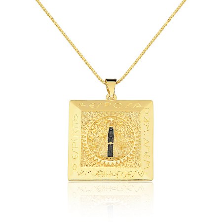 Pingente quadrado Nicho Nossa Senhora Aparecida banho de ouro amarelo