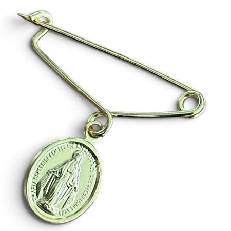 Alfinete com pingente Nossa Senhora das Graças, banhado a ouro 18k com 10 milésimos.