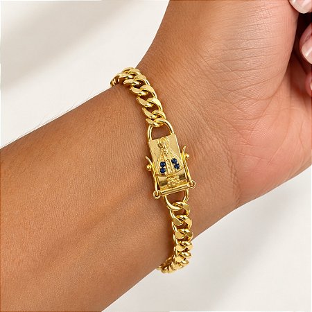 Pulseira masculina Nossa Senhora Aparecida corrente com elos e banho de ouro amarelo