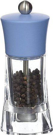 MOEDOR PIMENTA EM ACRILICO TRANSPARENTE COM TAMPA DE MADEIRA AZUL - 14 CM - LINHA OLERON