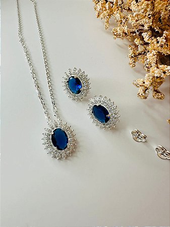 Conjunto cravejado pedra azul luxo