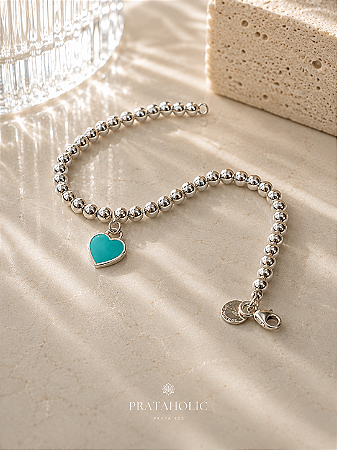 Pulseira inspiração Tiffany bolinha 4mm coração verde