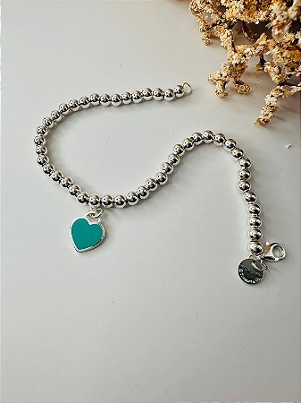Pulseira inspiração Tiffany bolinha 4mm coração verde