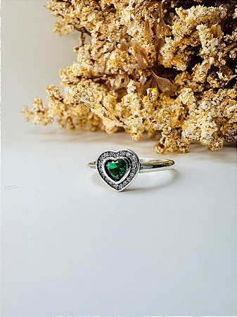 Anel inspiração Pandora coração cravejado verde
