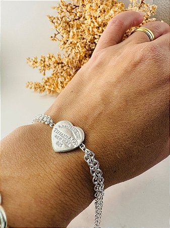 Pulseira inspiração Tiffany coração corrente dupla