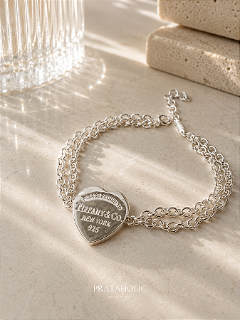 Pulseira inspiração Tiffany coração corrente dupla