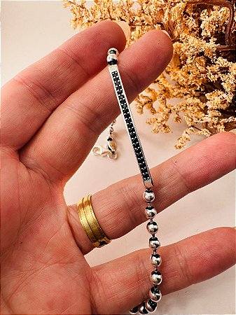 Pulseira masculina bolas / chapa com zircônia preta